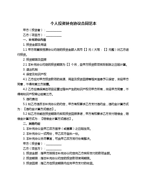 个人投资补充协议合同范本
