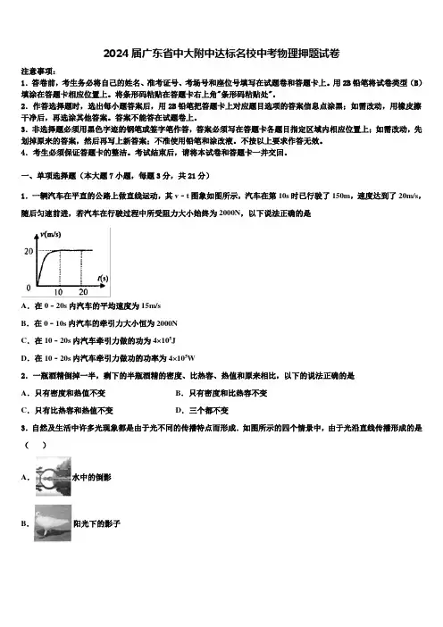 2024届广东省中大附中达标名校中考物理押题试卷含解析