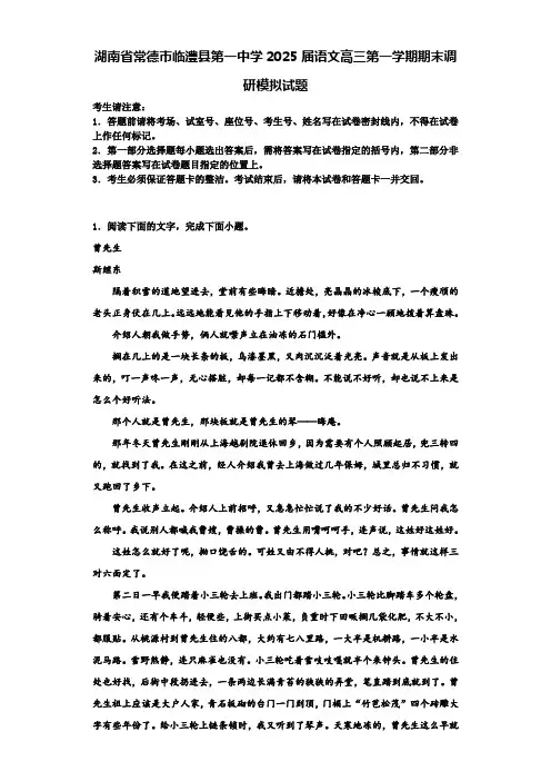 湖南省常德市临澧县第一中学2025届语文高三第一学期期末调研模拟试题含解析