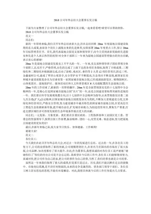 2018公司年终总结大会董事长发言稿 