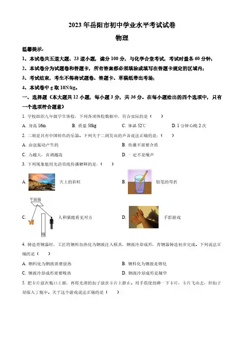 2023年湖南省岳阳市中考物理真题(含答案)