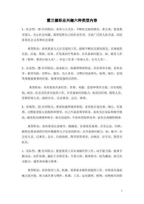 霍兰德职业兴趣六种类型内容