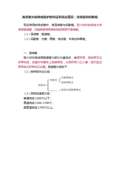 两类耐火砖烧成窑炉的特征和适应情况：连续窑和间歇窑