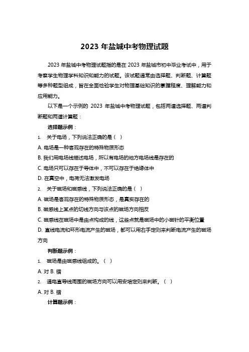 2023年盐城中考物理试题