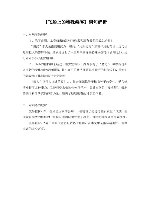 人教版四年级上期语文《飞船上的特殊乘客》词句解析
