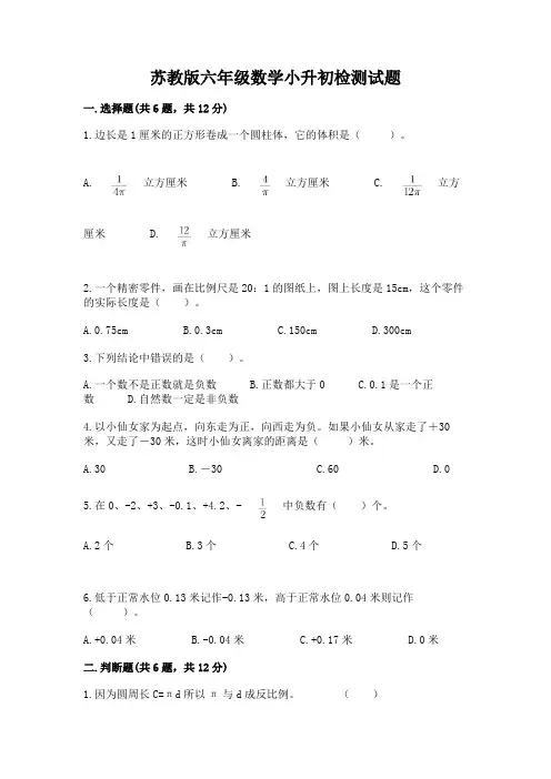 苏教版六年级数学小升初检测试题附参考答案(模拟题)