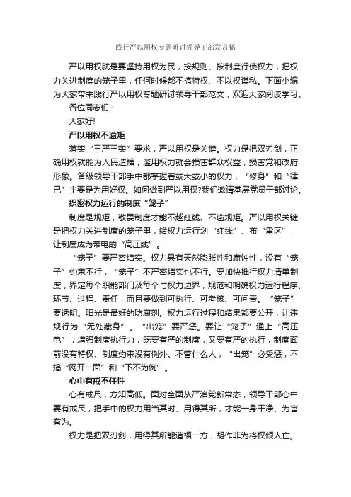 践行严以用权专题研讨领导干部发言稿_发言稿_
