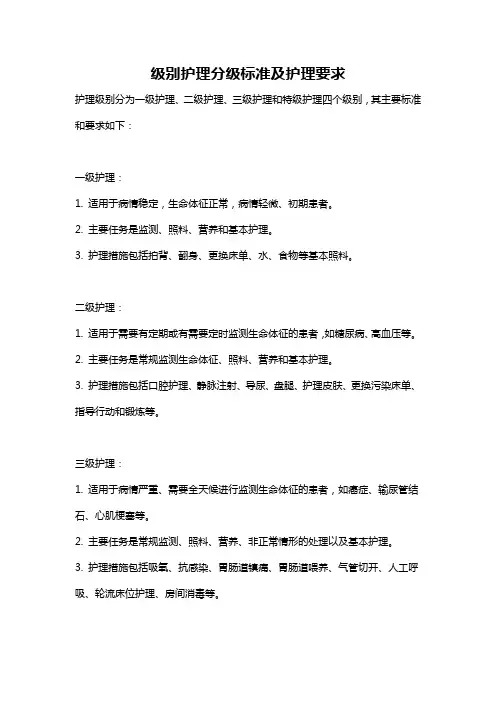 级别护理分级标准及护理要求