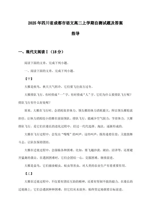 2025年四川省成都市高二上学期语文试题及答案指导