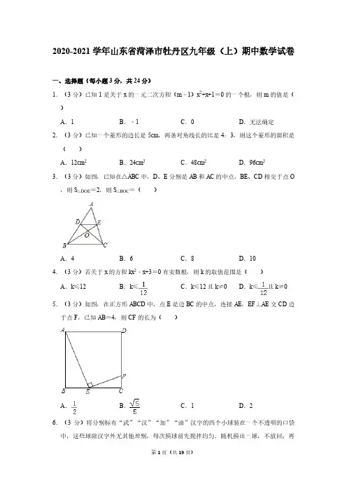 2020-2021学年山东省菏泽市牡丹区九年级(上)期中数学试卷