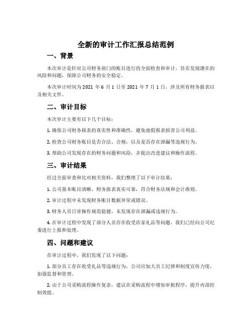 全新的审计工作汇报总结范例