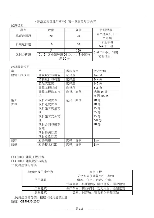 一建建筑实务第1章主要复习内容