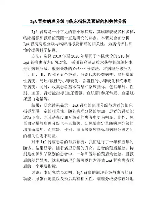 IgA肾病病理分级与临床指标及预后的相关性分析