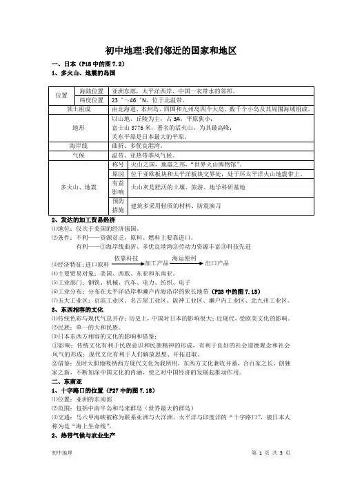 初中地理：我们邻近的国家和地区