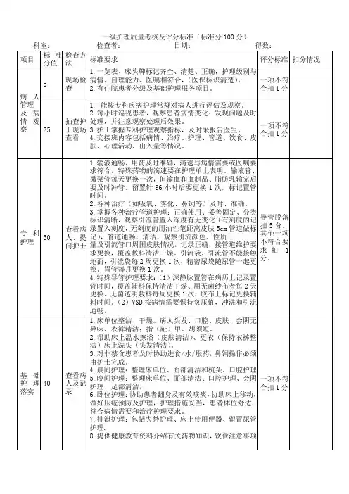 一级护理质量考核及评分标准