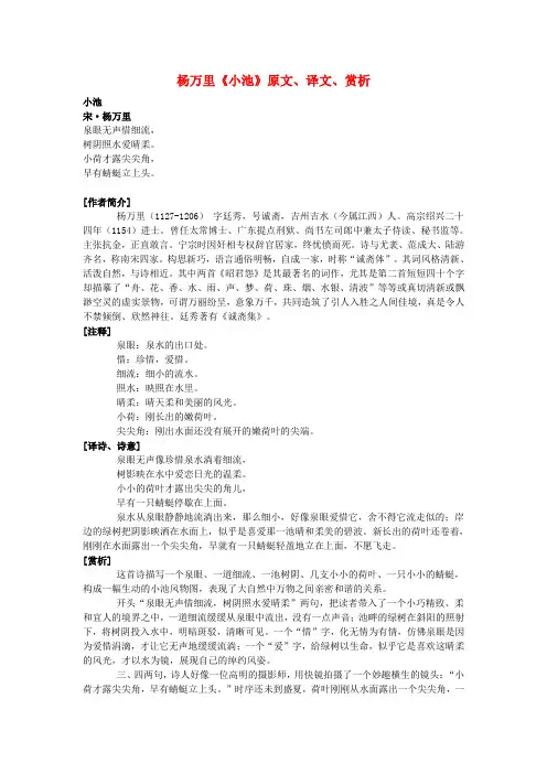 高中语文课外古诗文杨万里《小池》原文、译文、赏析