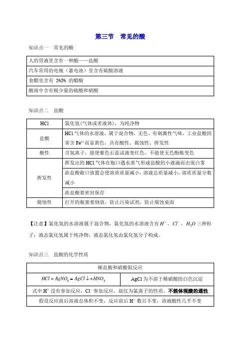 1.3常见的酸知识点及随堂练习浙教版九年级上册科学