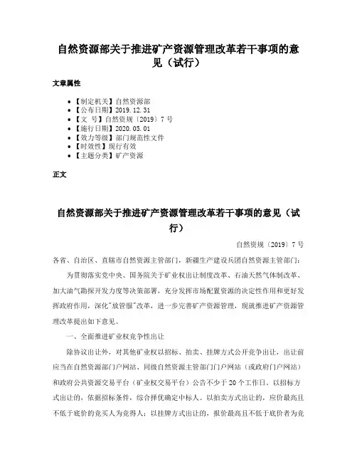 自然资源部关于推进矿产资源管理改革若干事项的意见（试行）