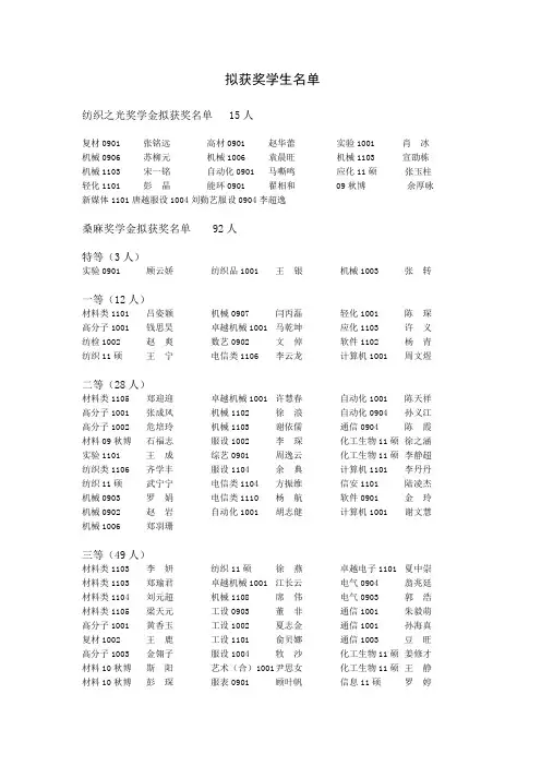 拟获奖学生名单 - 欢迎访问东华大学