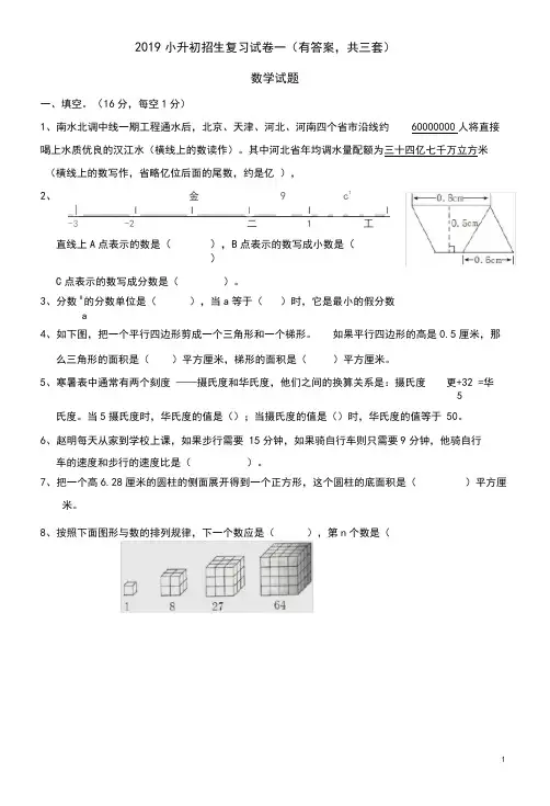 (完整版)2019年小升初考试数学试卷及答案(2)
