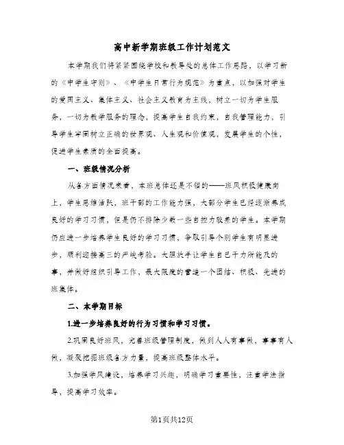 高中新学期班级工作计划范文（3篇）