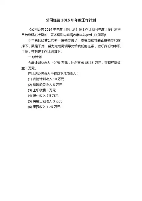 公司经营2015年年度工作计划