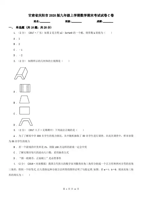 甘肃省庆阳市2020版九年级上学期数学期末考试试卷C卷