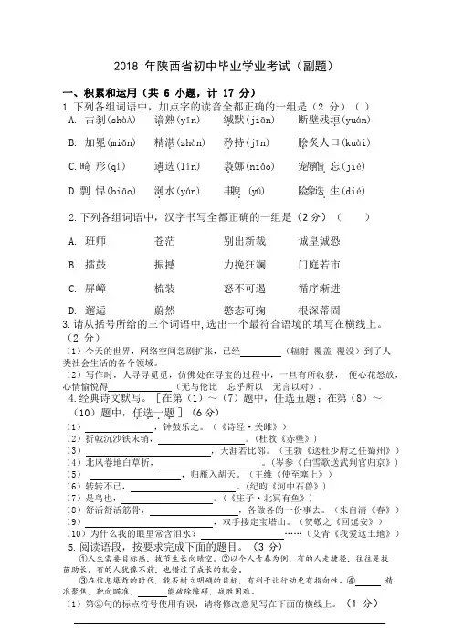 2018陕西中考语文副题