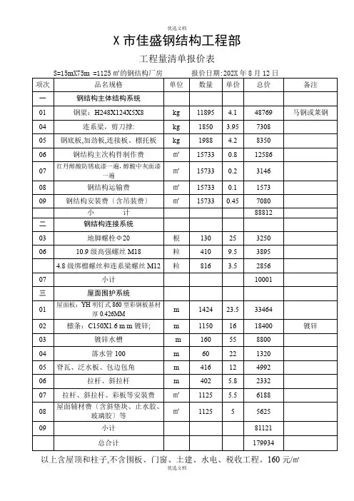 东南公司钢结构厂房报价单