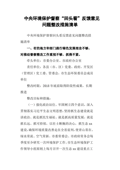中央环境保护督察“回头看”反馈意见问题整改措施清单