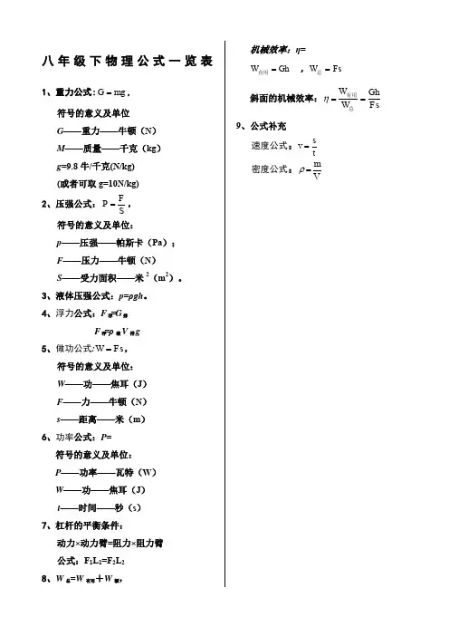 八年级下物理公式一览表