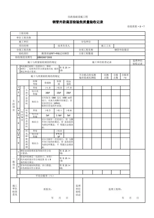 钢管外防腐层检验批质量验收记录