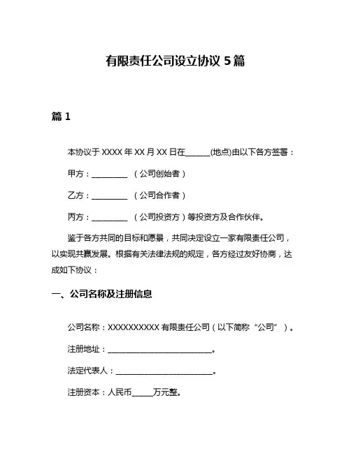 有限责任公司设立协议5篇