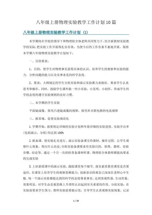 八年级上册物理实验教学工作计划10篇