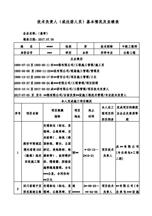 公路技术负责人业绩表