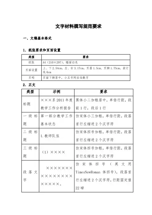 文字材料撰写规范要求
