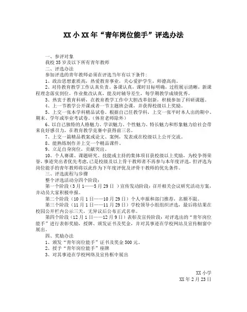 小学青年岗位能手评选办法