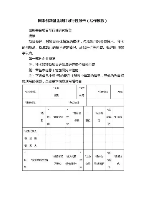 国家创新基金项目可行性报告（写作模板）