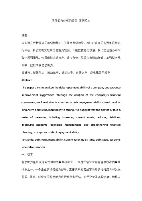 偿债能力分析的论文 案例范本