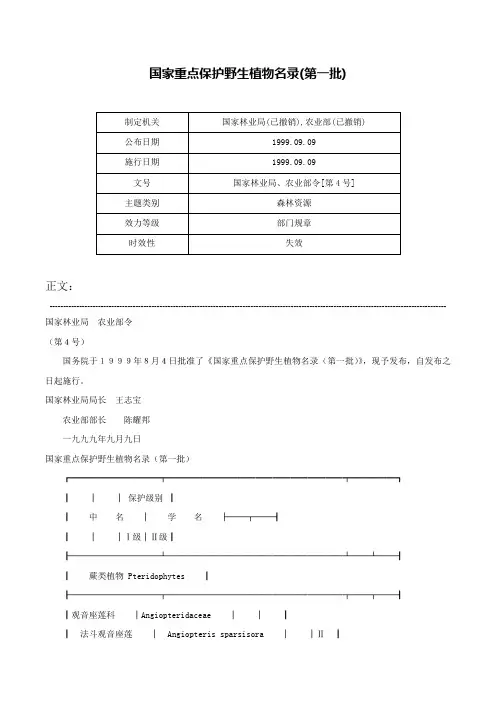 国家重点保护野生植物名录(第一批)-国家林业局、农业部令[第4号]