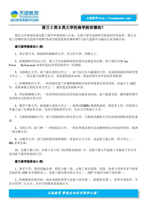 荷兰U类H类大学的商学院有哪些？