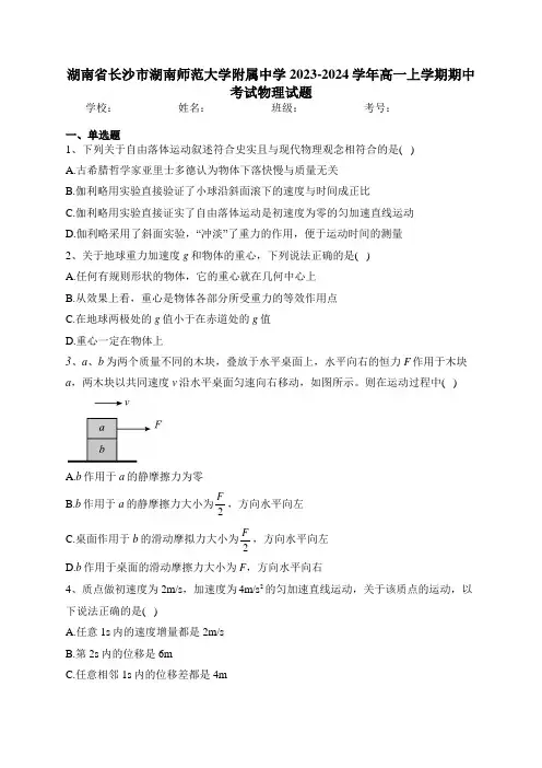 湖南省长沙市湖南师范大学附属中学2023-2024学年高一上学期期中考试物理试题(含答案)