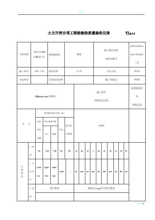 土方开挖分项工程检验批质量验收记录TJ4.1.1