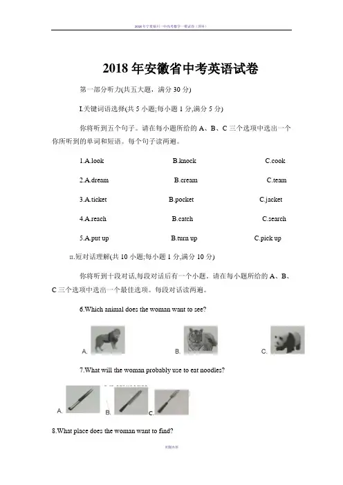 2018年安徽省中考英语试卷及答案