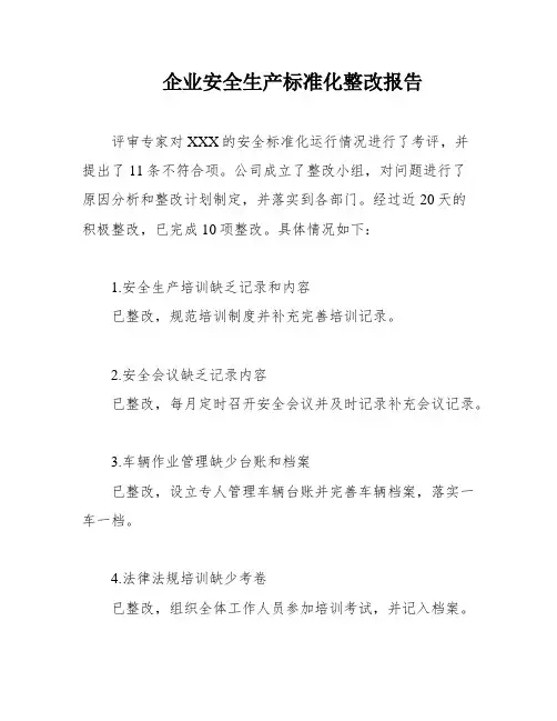 企业安全生产标准化整改报告