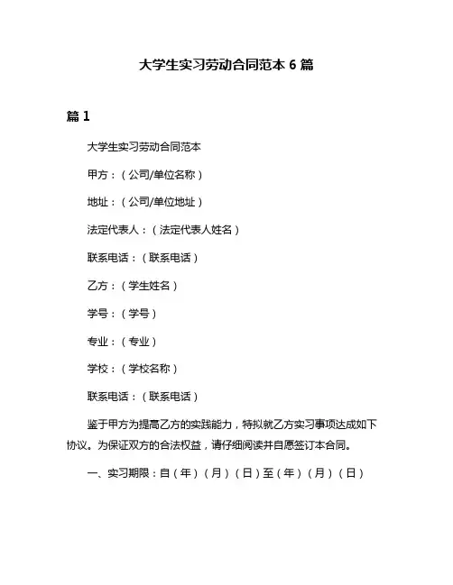 大学生实习劳动合同范本6篇