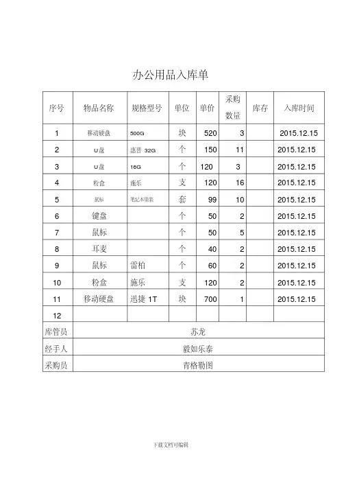 办公用品入出库单