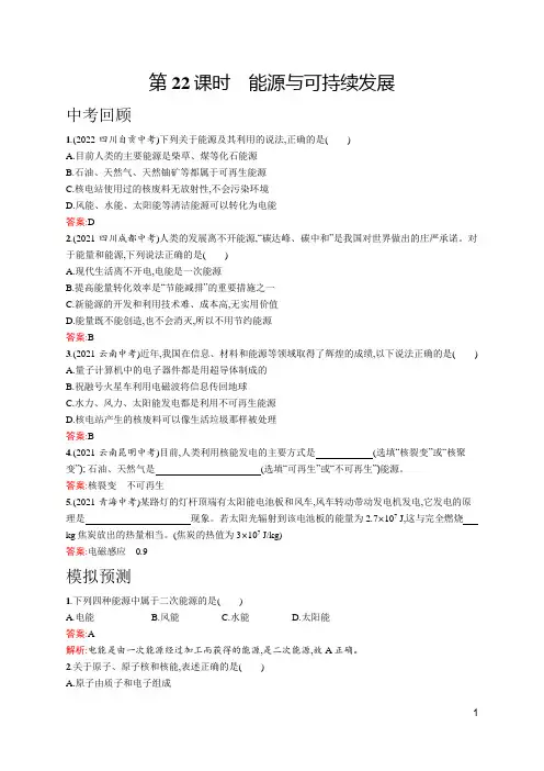 人教版九年级数学中考总复习   第22课时 能源与可持续发展  含解析及答案