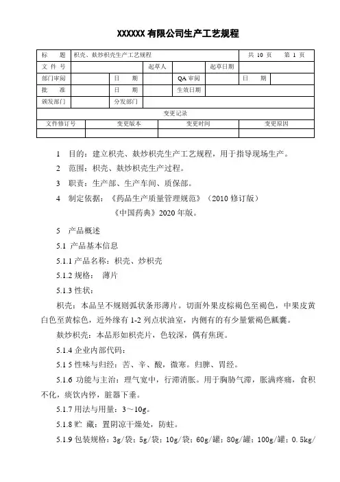 枳壳、麸炒枳壳生产工艺规程