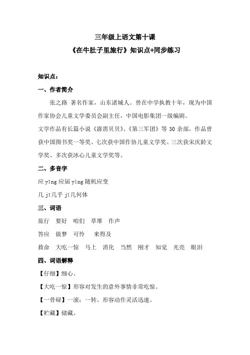 三年级语文上第十课《在牛肚子里旅行》知识点+同步练习 含答案 人教统编版